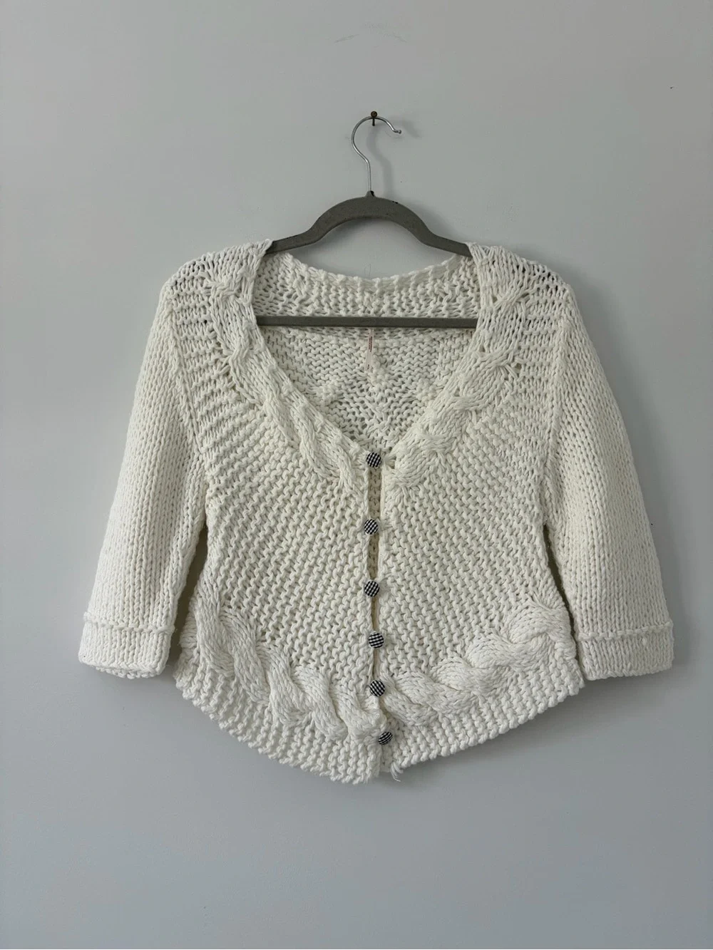 Free People Off White Cable Knit Gingham Button Down Cropped Boho Cardigan S